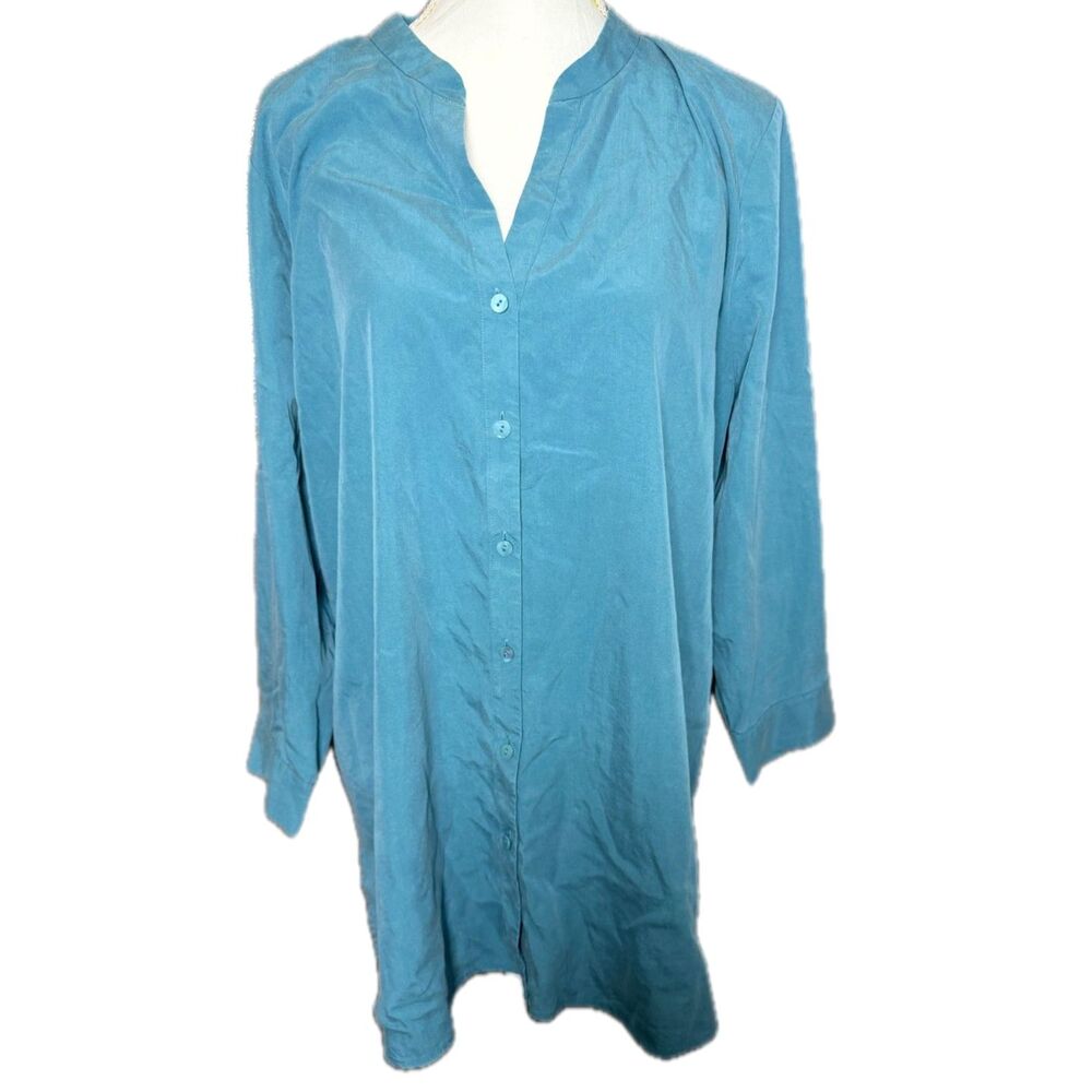Eileen Fisher Blueish Green V-Neck Collar Button Down Lagenlook Blouse Top XL